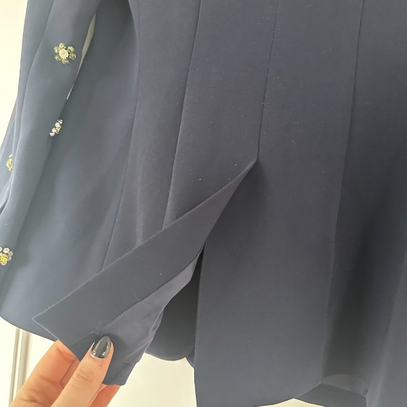Cinq à Sept Cheyenne Blazer Jacket Rhinestone Flower Embellishments in Navy Sz 4 - Picture 9 of 11